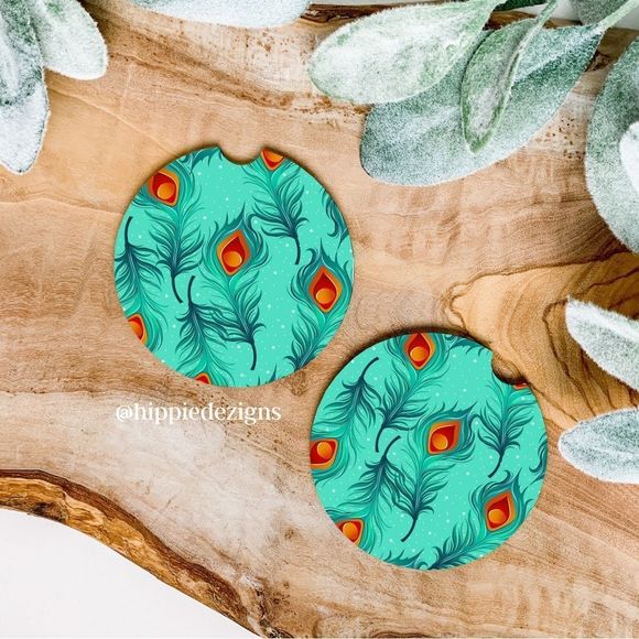 Teal Peacock Feather Car Coaster Set | Peacock Coaster Set - Picture 1 of 9